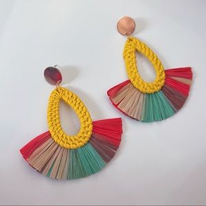 Bohemian earrings boho chic multicolor gold yellow brown tan woven ethnic